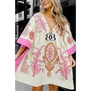 Elegant Pink and Cream Embroidered Mini Dress